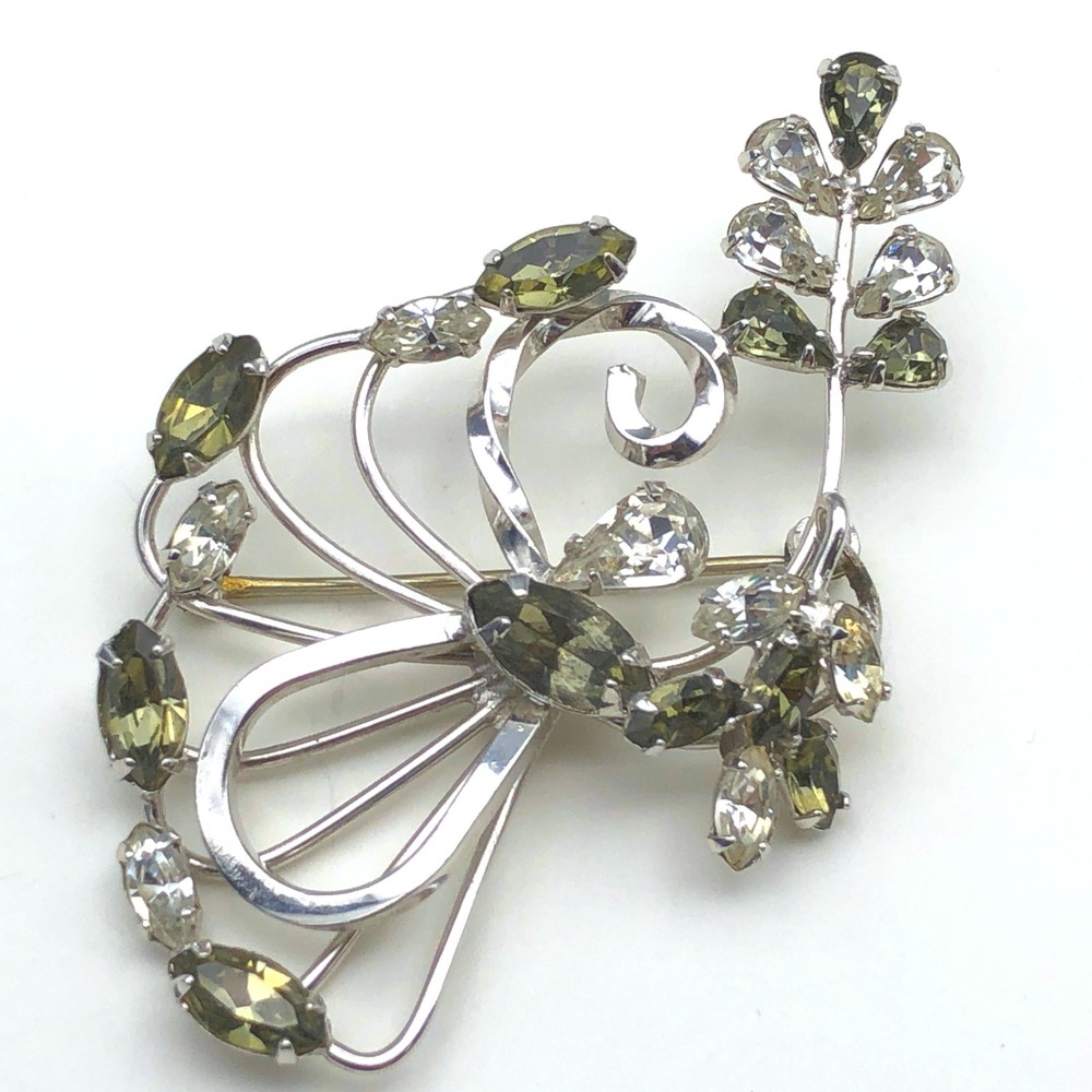 Vintage Sterling Flower Brooch Green Rhinestones Floral Spray‎ Pin Signed ESPO
